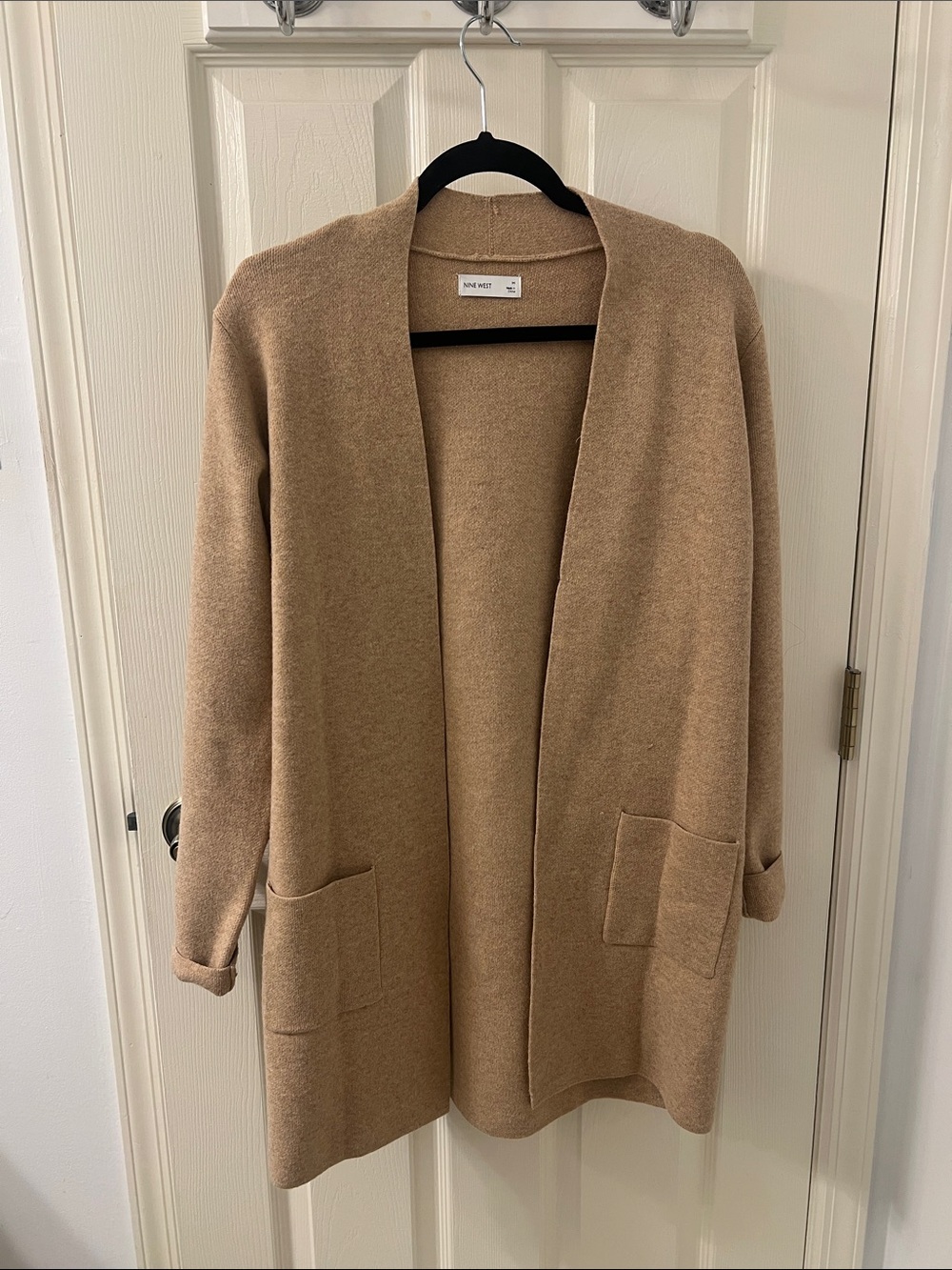 Nine West Camel Open-Front Pocket Cardigan